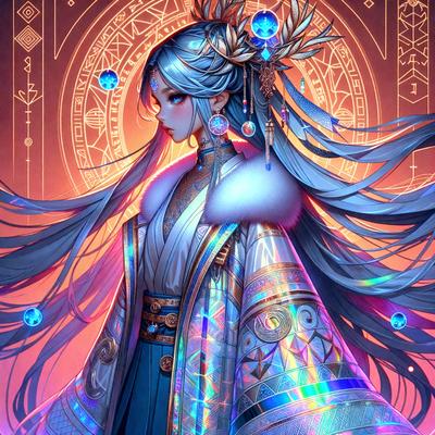 The primary subject of the image is a woman dressed in a long, flowing gown. She is wearing a necklace and has her hair in a bun. The setting is a colorful, ornate background that adds to the overall atmosphere of the scene. The visual style of the image is digital art, with the woman's gown and the background being intricately detailed and colorful. The colors and mood of the image are vibrant and lively, with the woman's outfit and the background